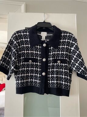 H&M Black and White Tweed Short-Sleeve Cardigan